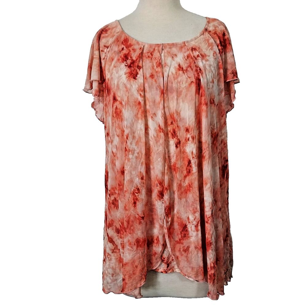 Ava & Grace Shirt Top Coral Mesh Stretch Womens Plus 2X Flowy Petal Sleeve NWT